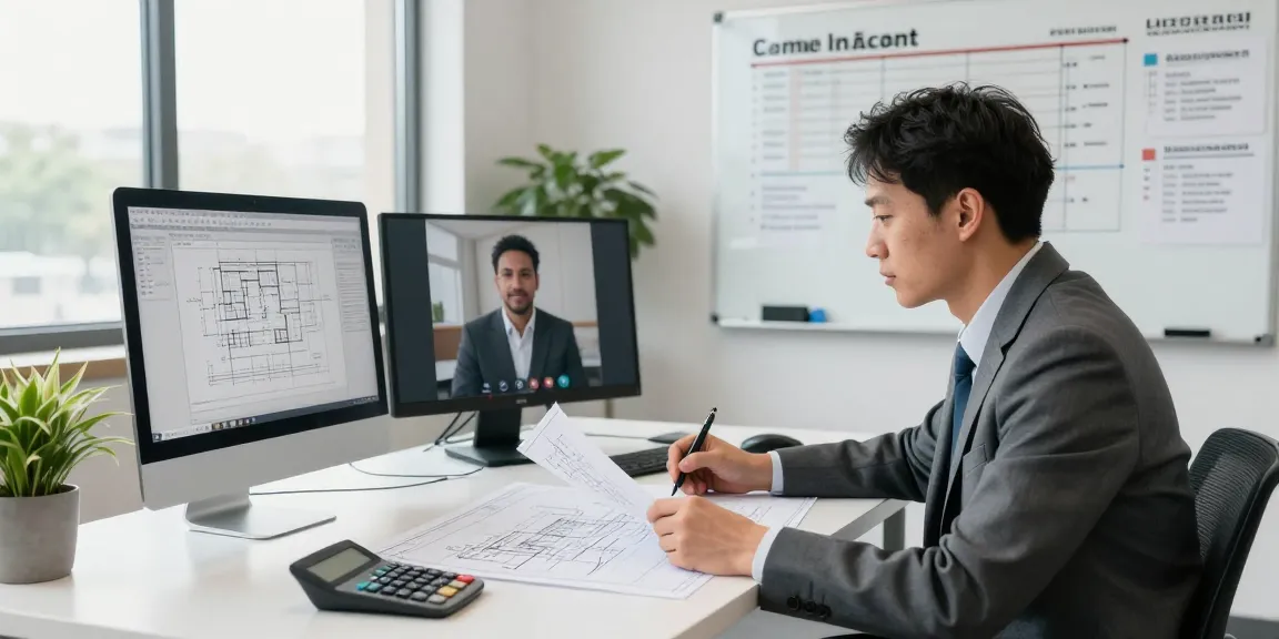 Engineer reviewing plans for permit engineering in Missouri in a modern office.