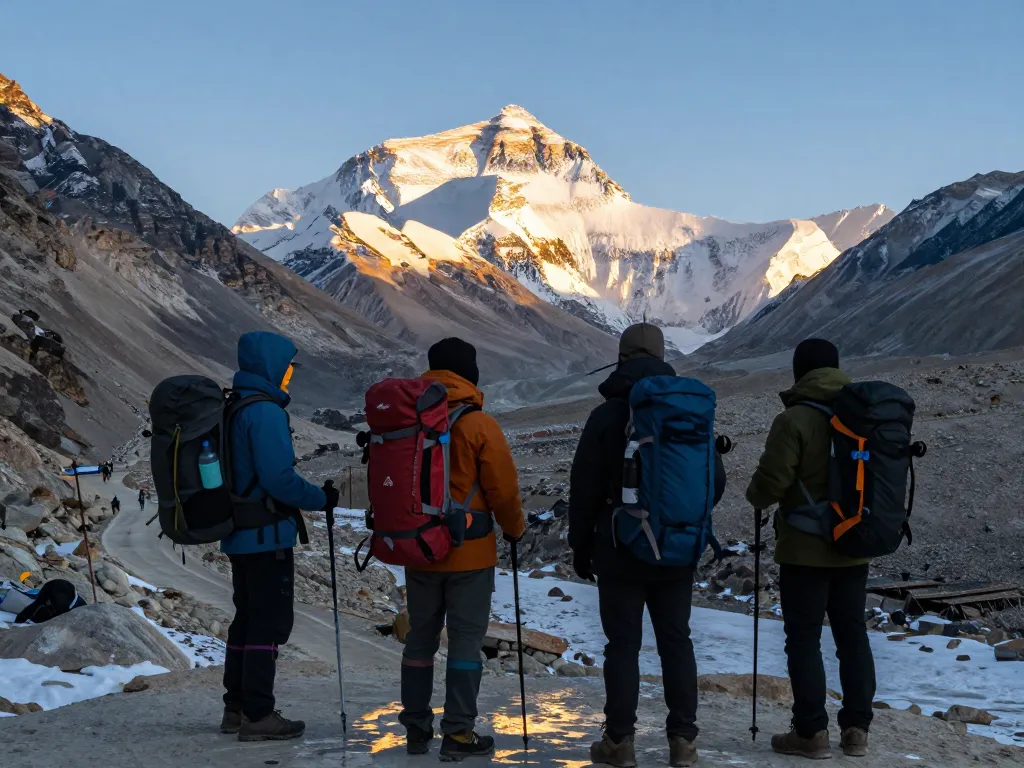 Group on Everest Base Camp Trek standing at Kalapatthar with breathtaking mountain views and sunrise lighting.