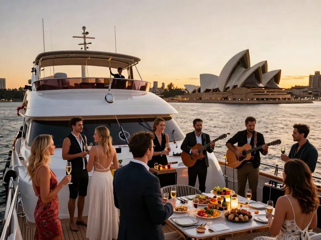 Rent a yacht Sydney with friends celebrating on a luxury yacht at sunset over Sydney Harbour.