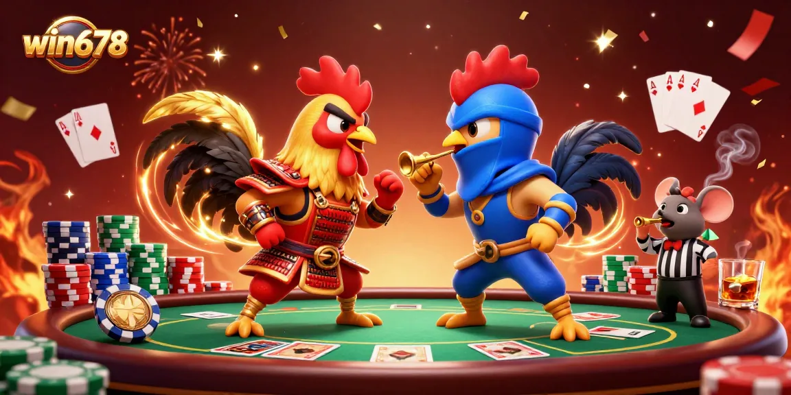 Engage in intense gameplay with win678 featuring fighting roosters, dynamic poker elements, and vibrant casino energy.