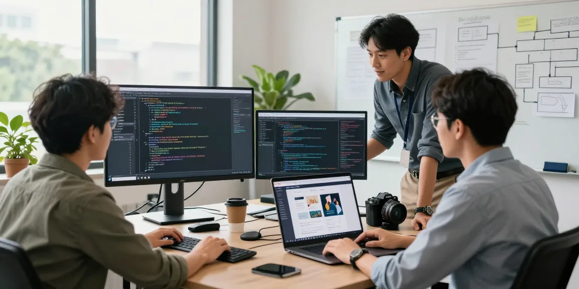 Website development malaysia team collaborating in a modern office, showcasing innovative designs and coding.