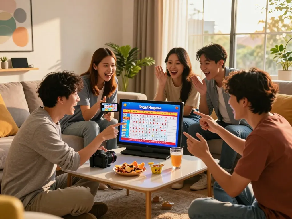 Excited friends checking Togel Hongkong lottery results on digital screen in a cozy living room.