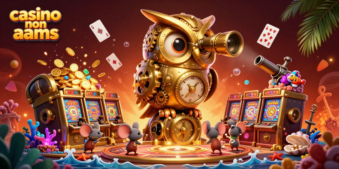 Gioca nei casino non AAMS con un gufo meccanico su uno sfondo di oro e gemme in un'illustrazione vibrante.