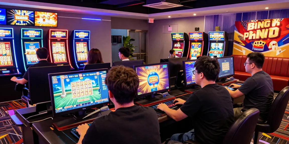 Discover exciting gaming at TEMPOTOTO with players enjoying lottery and slot machines in a vibrant environment.