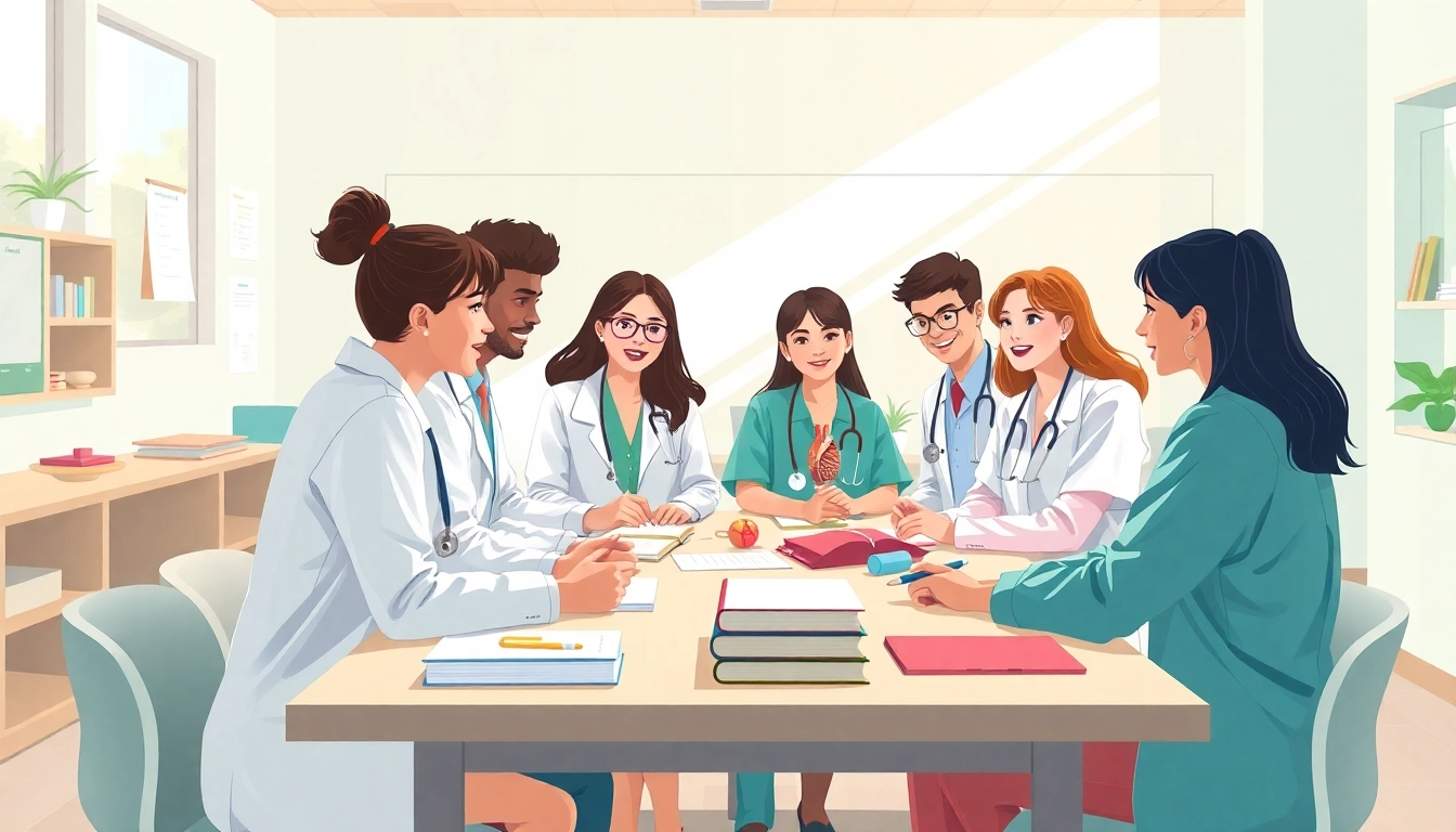 Students collaborating in a high school medical club, discussing medical topics and using anatomical models.