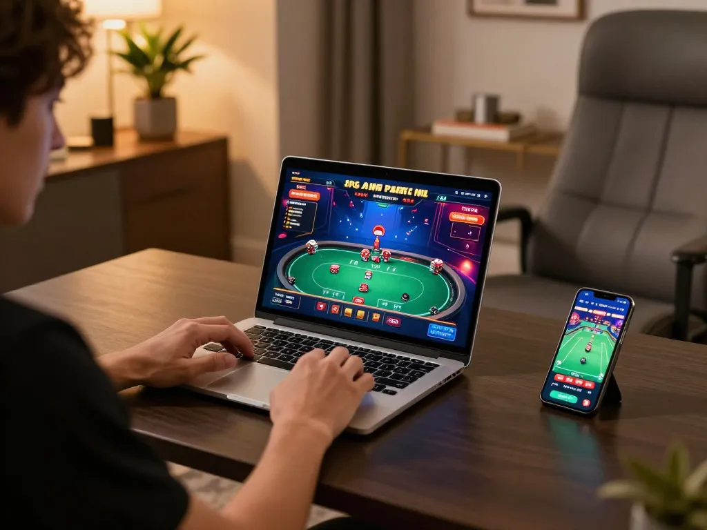 The professional online gaming scene featuring the nk88 link displayed on a laptop screen.