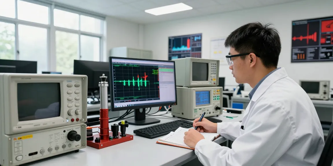 Engineer analyzing geophone data in a professional lab setting, showcasing advanced instruments and technology.