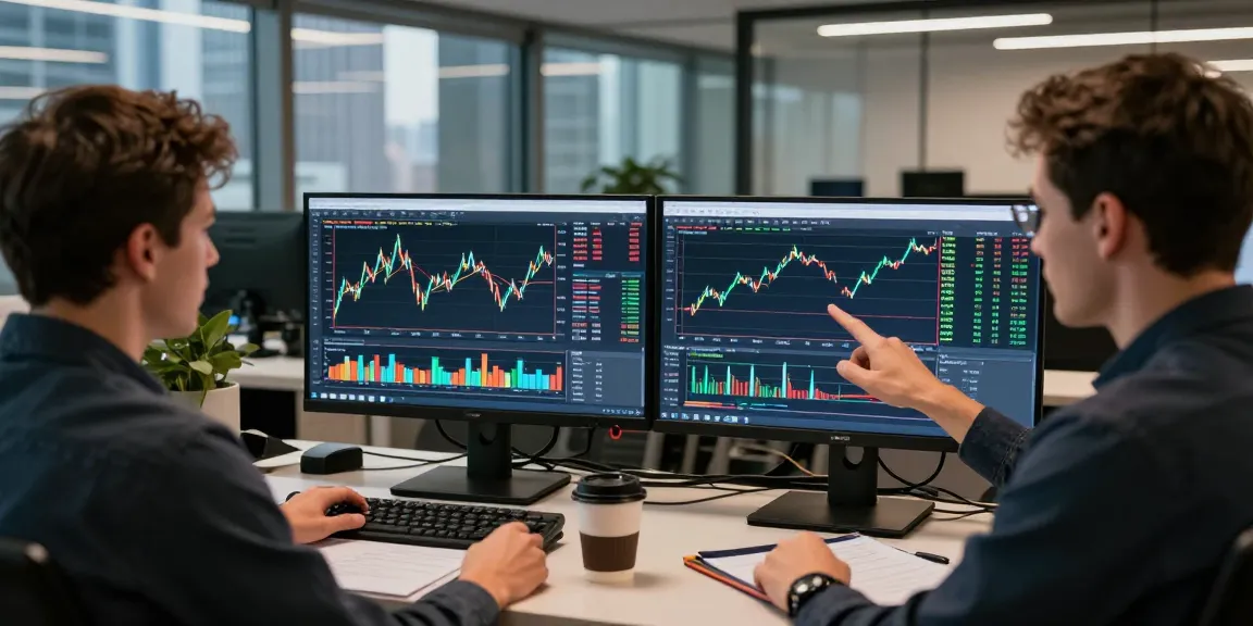 Traders using MetaTrader 5 in a modern office environment analyzing market trends.