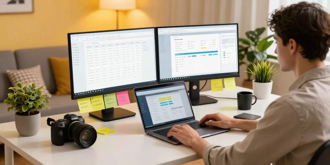 Self-employed professional working in a modern office setup with dual monitors and plant decor.