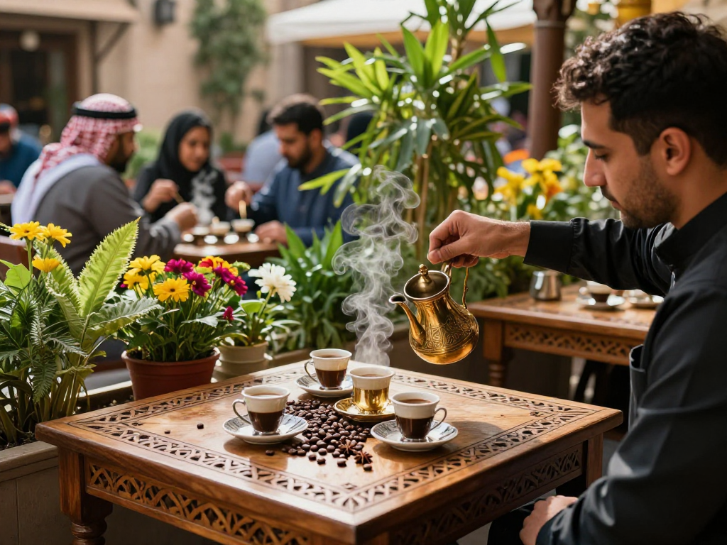 قهوجيين وصبابين يقدمون القهوة العربية في مقهى تقليدي مفتوح بأجواء حيوية.