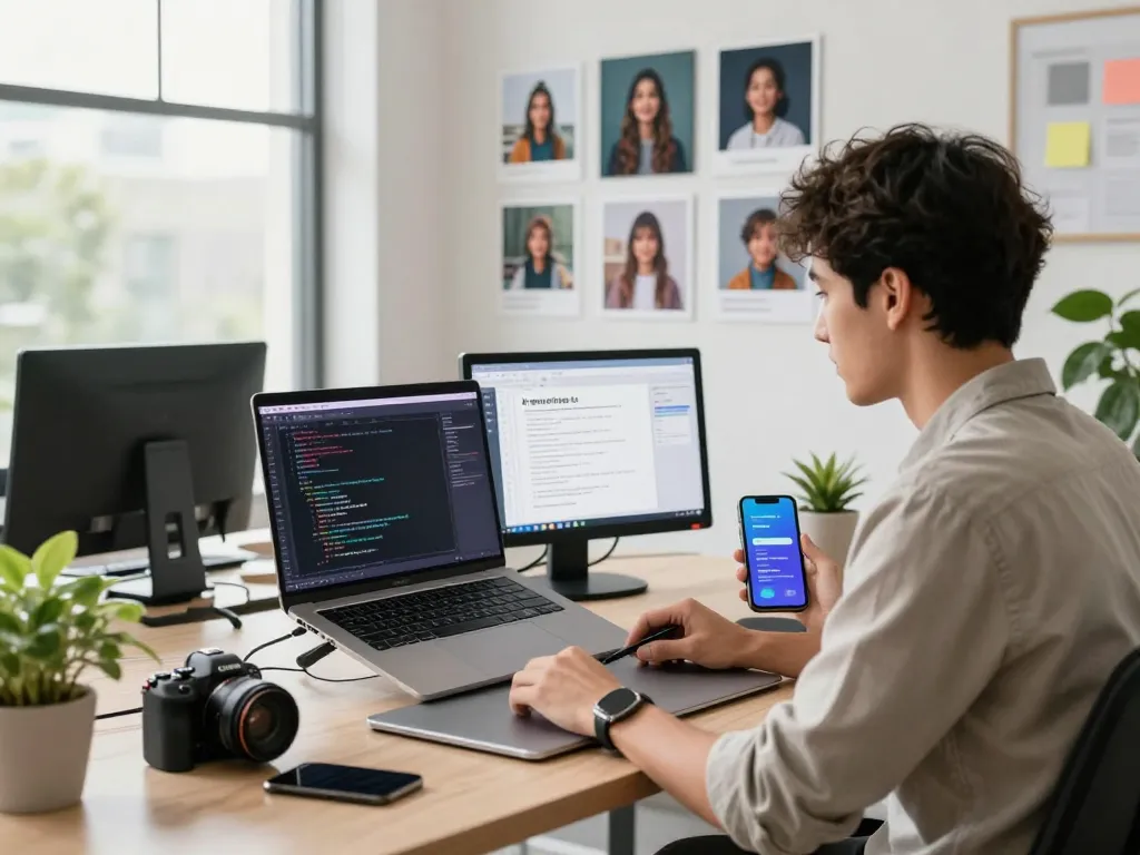 Professional workspace for image to prompt ai generation with user engaged and creative technology setup.