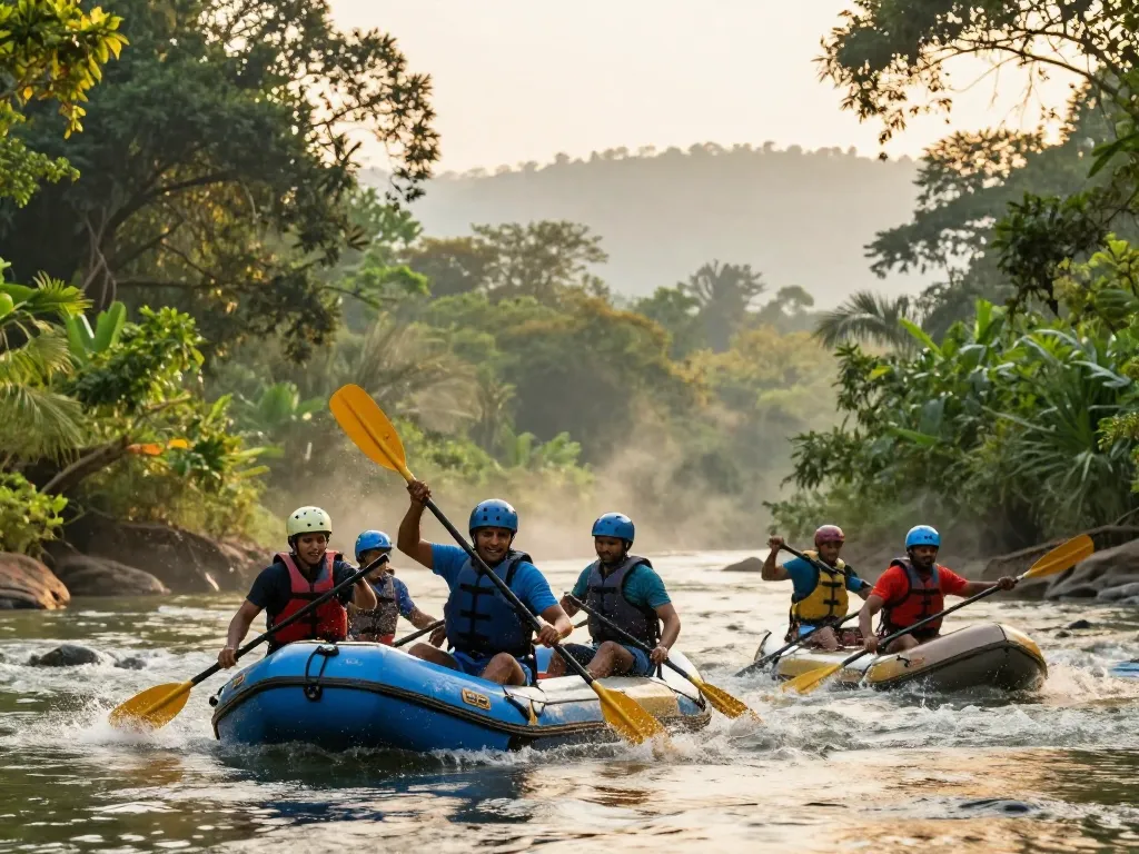 Dandeli adventure seekers enjoying thrilling river rafting on the Kali River amidst lush greenery and stunning landscapes.