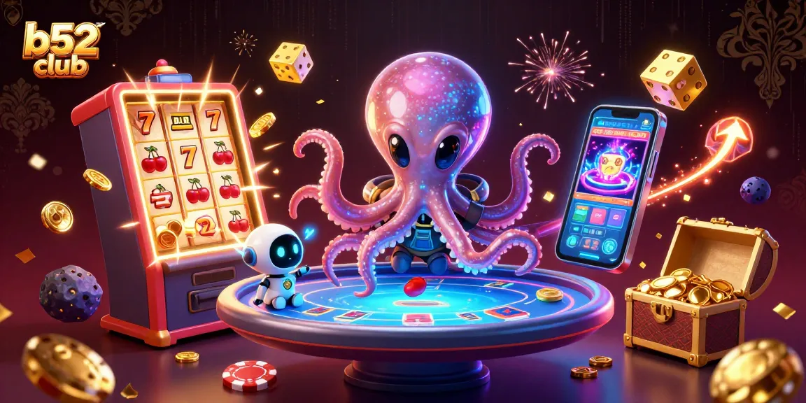Experience the thrill of b52club with an alien octopus running a holographic poker table amidst explosive gaming elements.