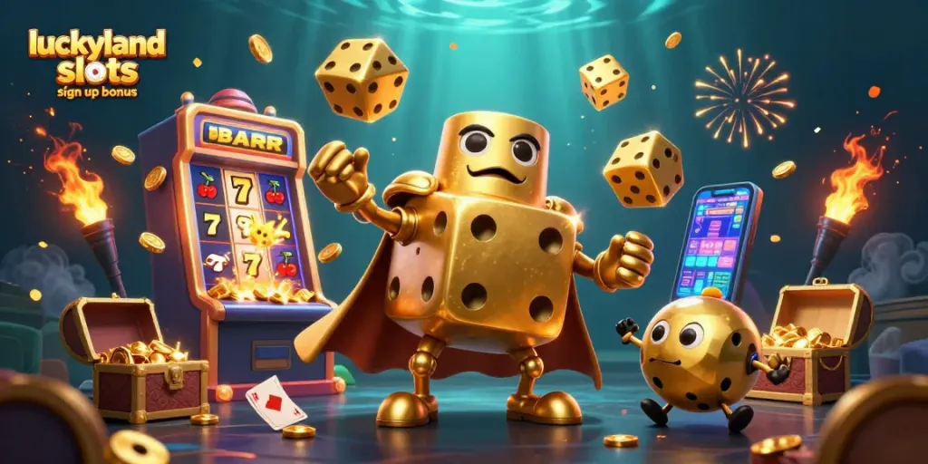 Experience the luckyland slots sign up bonus with an energetic 3D casino scene full of vibrant characters and symbols.