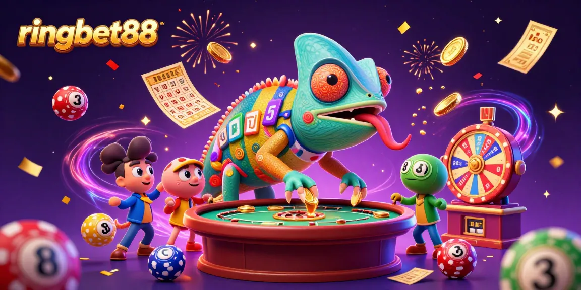 ringbet88 showcases a dynamic casino scene with a colorful chameleon owner among lottery elements and vibrant decorations.