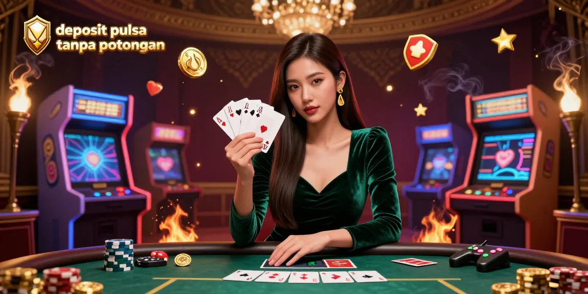 Experience winning strategies with deposit pulsa tanpa potongan in this vibrant casino scene featuring poker and arcade elements.