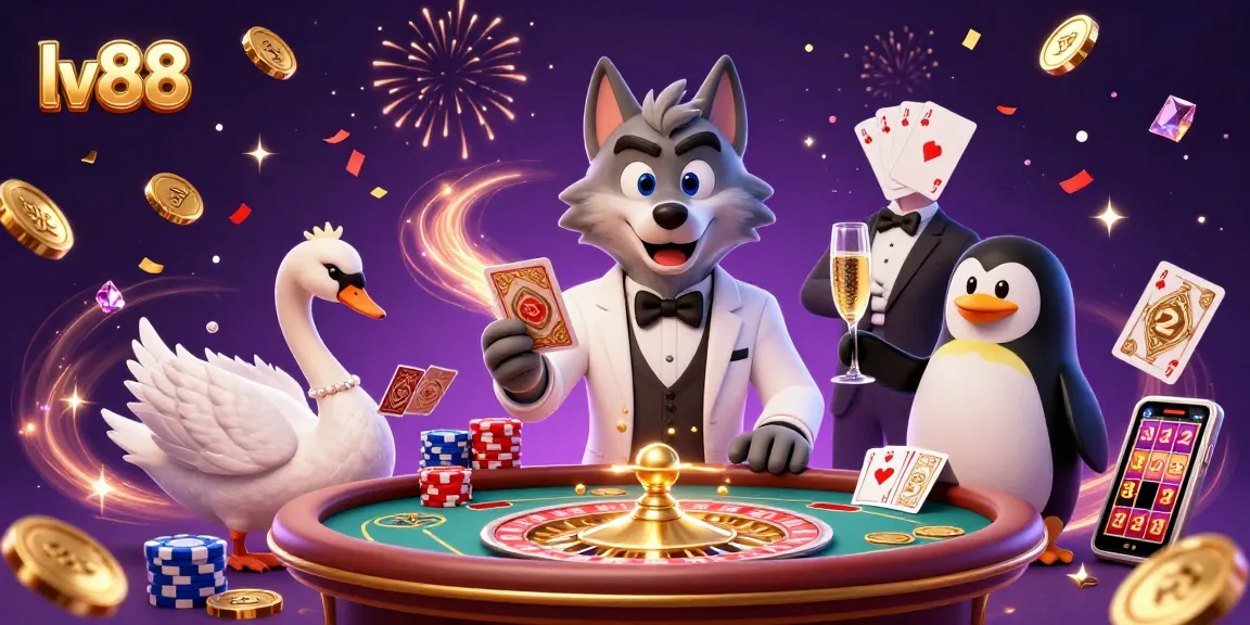 Engaging scene of lv88's online casino with a debonair wolf, elegant swan, and penguin, celebrating wins.