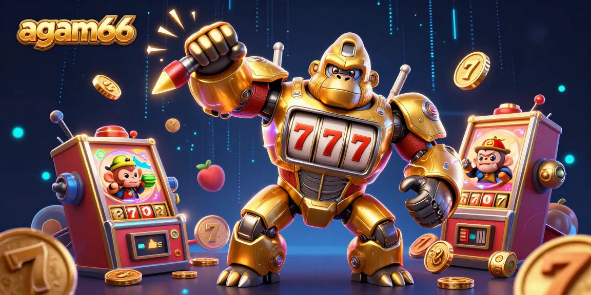 Experience thrilling jackpots with agam66 in this vibrant slot game scene featuring a mechanical gorilla and coins.