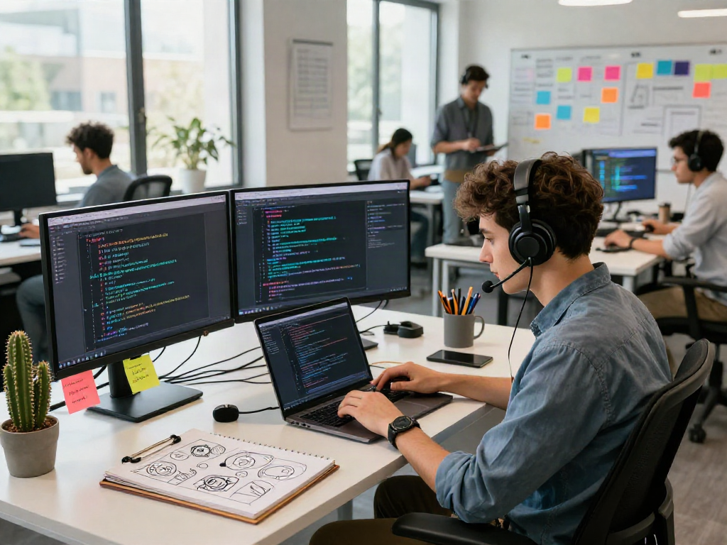 Dynamic workspace featuring nsfw AI development tools, with a coder in an inspiring tech office.