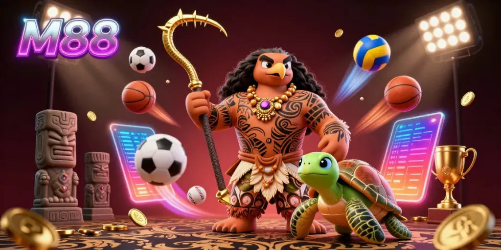 Experience thrilling moments with the M88 demigod in a vibrant casino scene filled with dynamic sports elements.