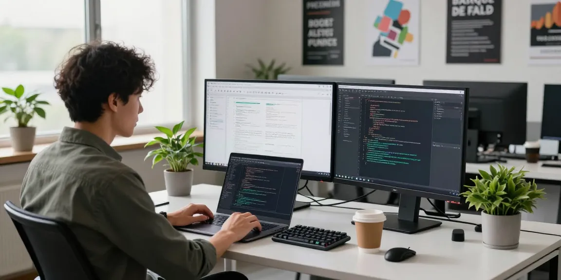 Innovative workspace showing coding environment at telegramin-cn.com, featuring developer at a modern tech desk.