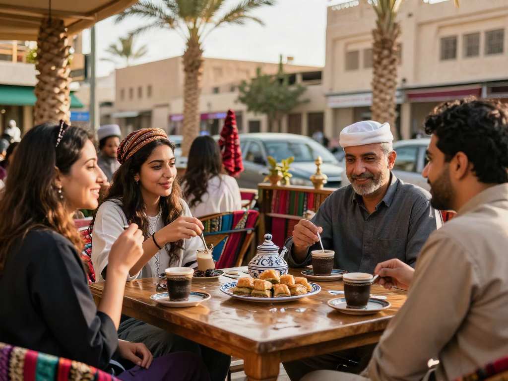 اجتماع أصدقاء في مقهى سعودي لتناول القھوة في الریاض