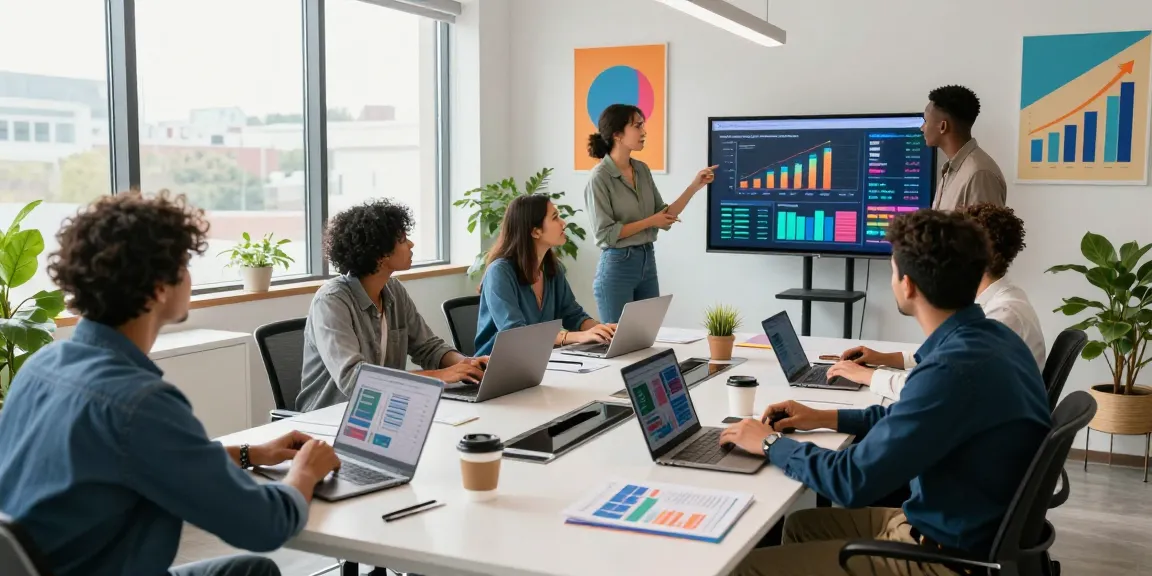 Digital Marketing Agency team collaboration in a modern office with analytics display