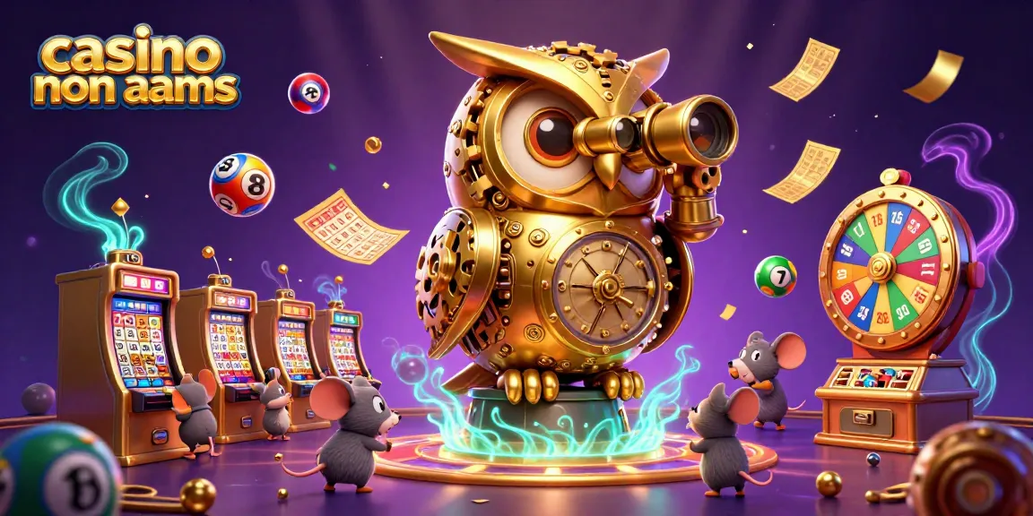 Gioca nei casino non AAMS con un gufo d'orologio e topi tra le slot machine, circondato da palline colorate e biglietti d'oro.