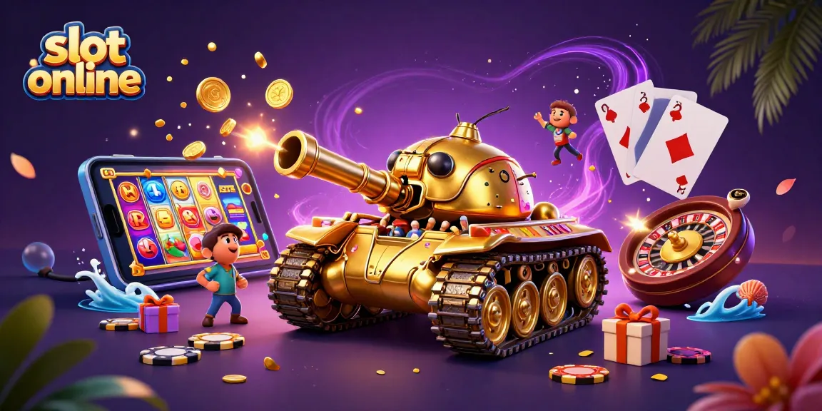 Bermain slot online dengan tank kumbang emas besar yang menampakkan kasino mini di dalamnya, penuh dengan kegiatan meriah.