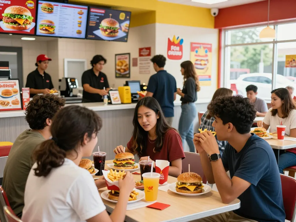 Fast food menu items shared among friends in a lively restaurant setting.
