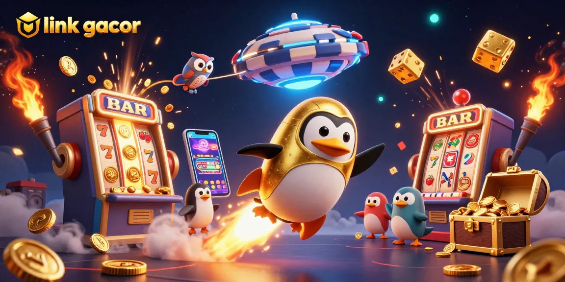 Spin with link gacor on this vibrant casino journey featuring a golden penguin and jackpot explosion.