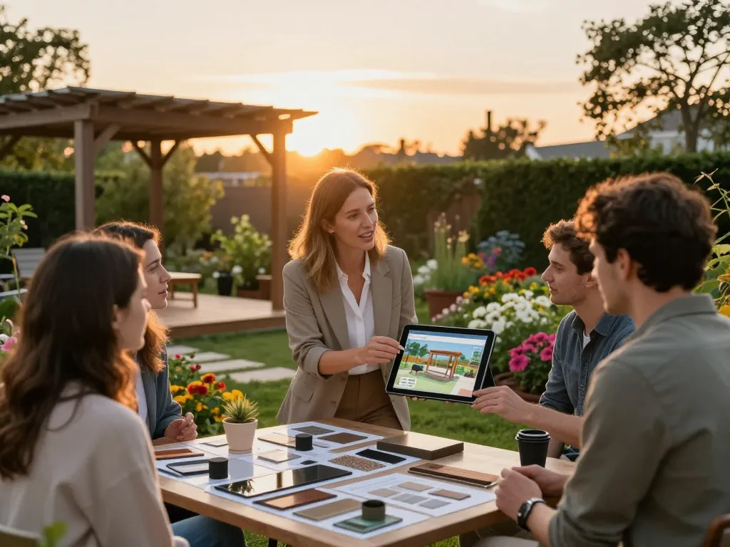 Interactive Pergola Sales Software in action as a consultant showcases 3D designs to clients outdoors, highlighting customer engagement and product visualization.
