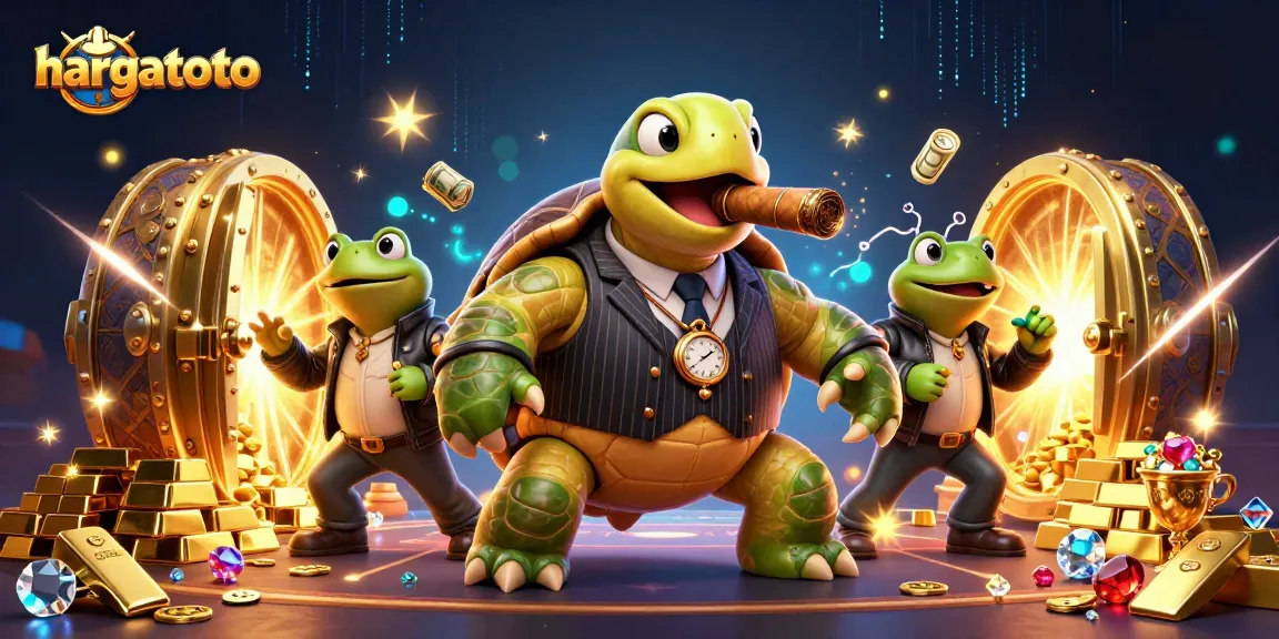 Experience hargatoto's exciting casino atmosphere with a turtle mobster and frog enforcers, surrounded by treasures.