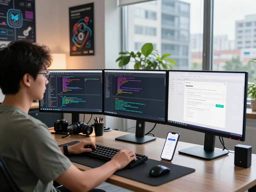 Moltbot software development workspace with multiple monitors, coding activities, and professional ambiance.