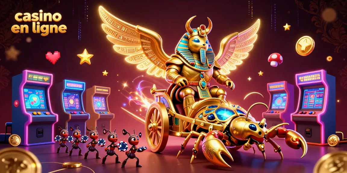 Jouer à casino en ligne avec un scarabée doré et des éléments de jeu lumineux.
