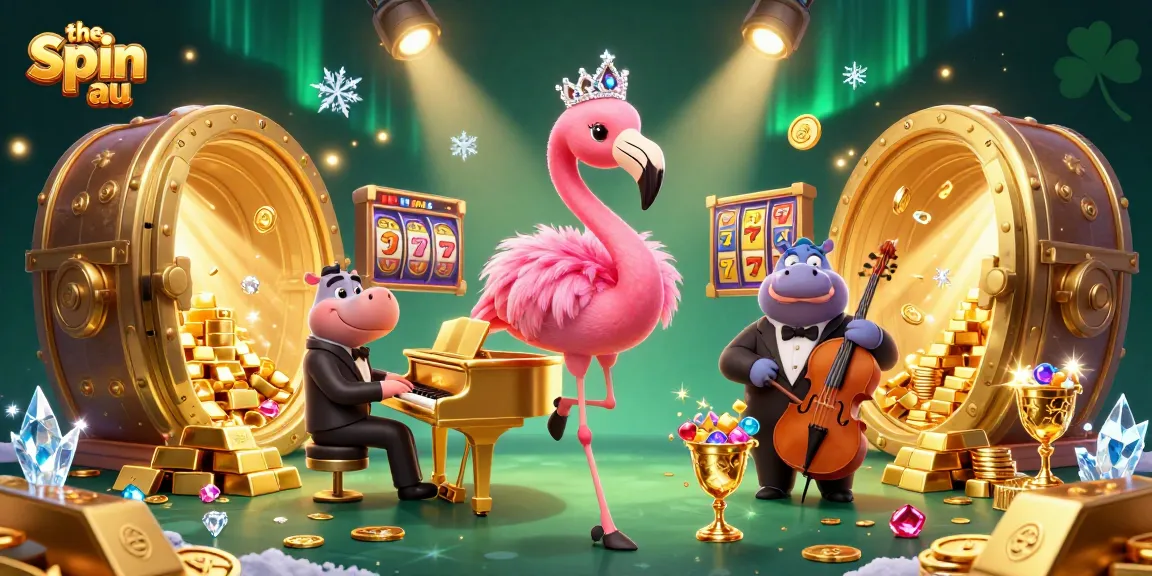 The spin au showcases an energetic casino scene with a flamingo singer and hippo bassist surrounded by sparkling treasures.