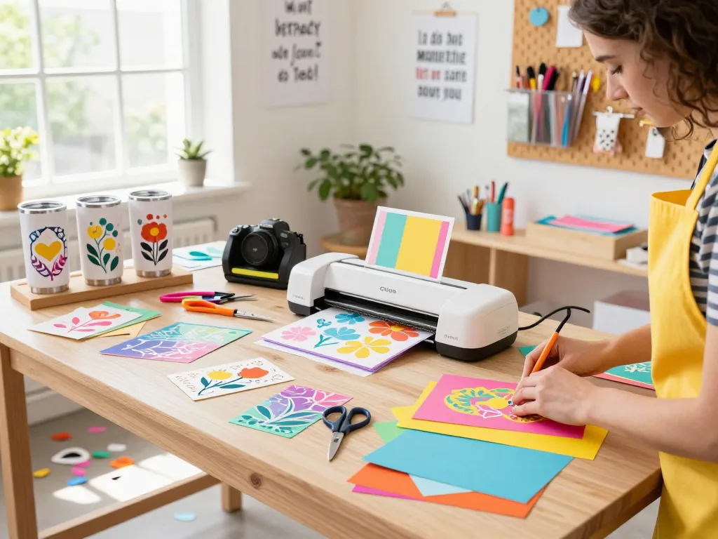 Cricut SVG bundle crafting scene featuring vibrant designs and tools in an engaging studio.