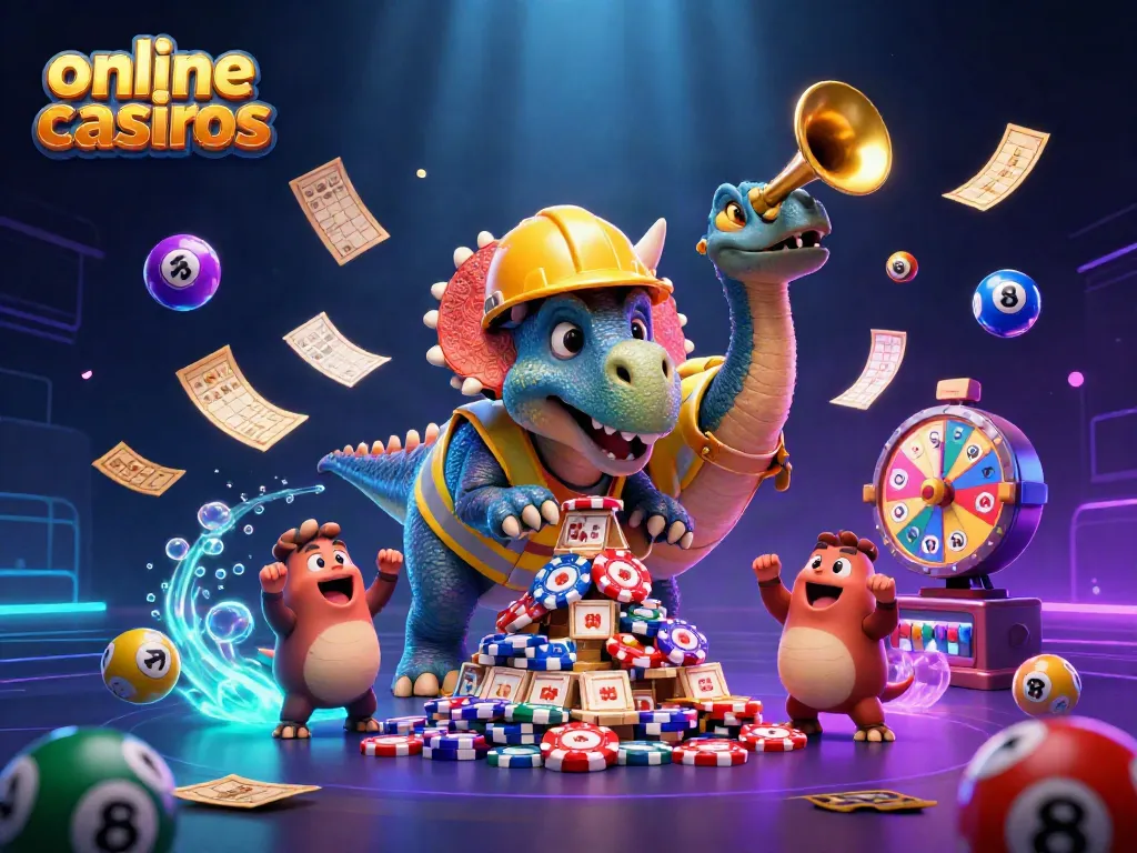 Join the excitement of online casinos as a triceratops constructs a poker chip pyramid, surrounded by festive elements.