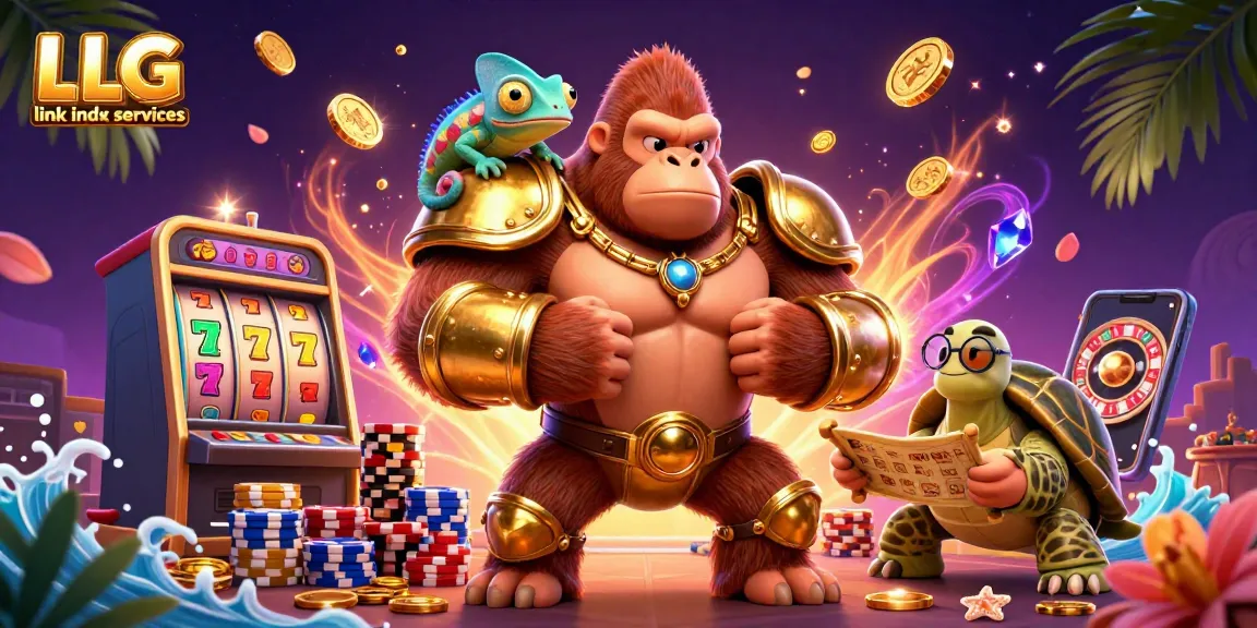 Engage with LLG link indx services while enjoying a vibrant casino scene with characters and gaming elements.
