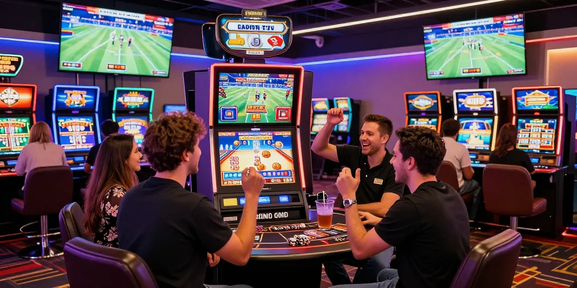 Players enjoying games at a credit card casino reflecting spinysoft.co.uk, vibrant setting with neon lights and excitement.