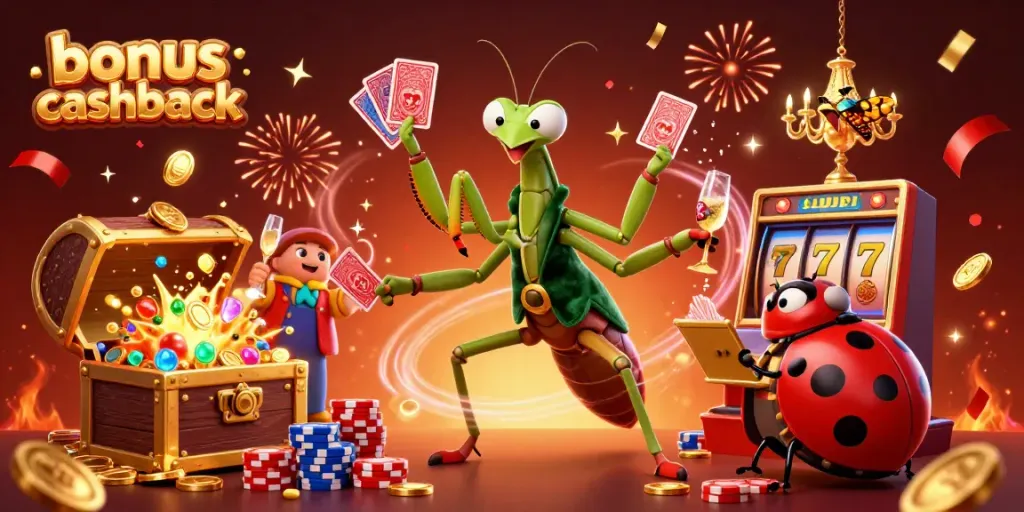 Experience bonus cashback at a vibrant online casino with a dynamic 3D scene of excitement.