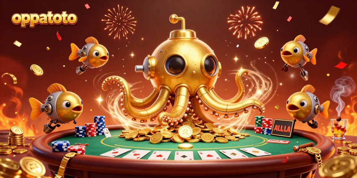 Experience thrilling gameplay with oppatoto's golden kraken submarine amidst casino excitement and poker action.