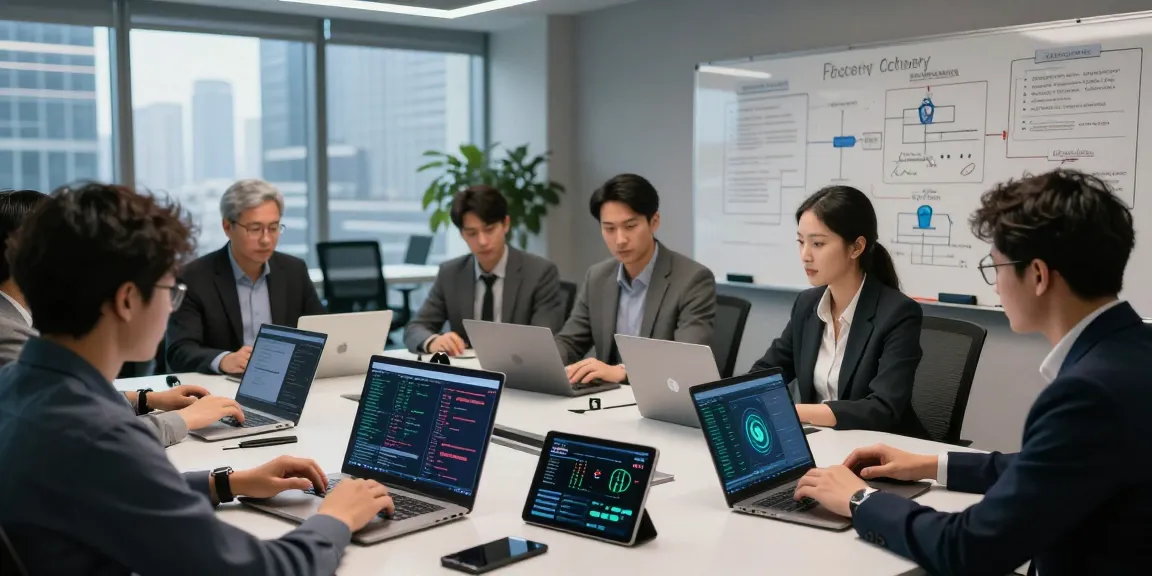 Experts collaborating to recover stolen cryptocurrency in a modern office.