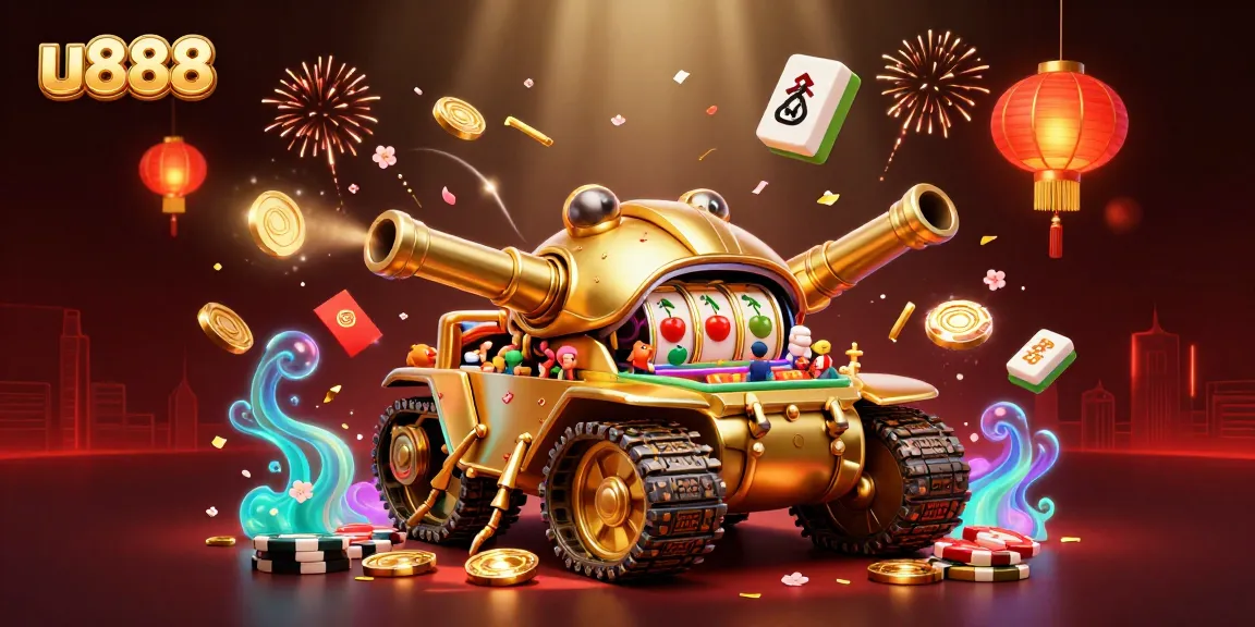 Discover thrilling casino action in u888 with a vibrant illustration of a golden beetle tank showcasing a miniature casino.