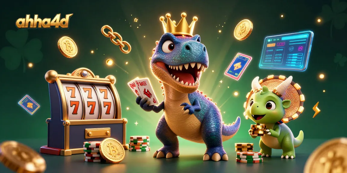 Engage in thrilling gameplay with ahha4d as T-Rex deals cards and coins scatter around in a vibrant casino.