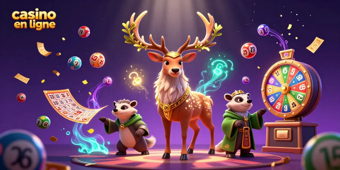 Jouez à un casino en ligne avec une illustration dynamique de loterie animée et de personnages fantastiques.