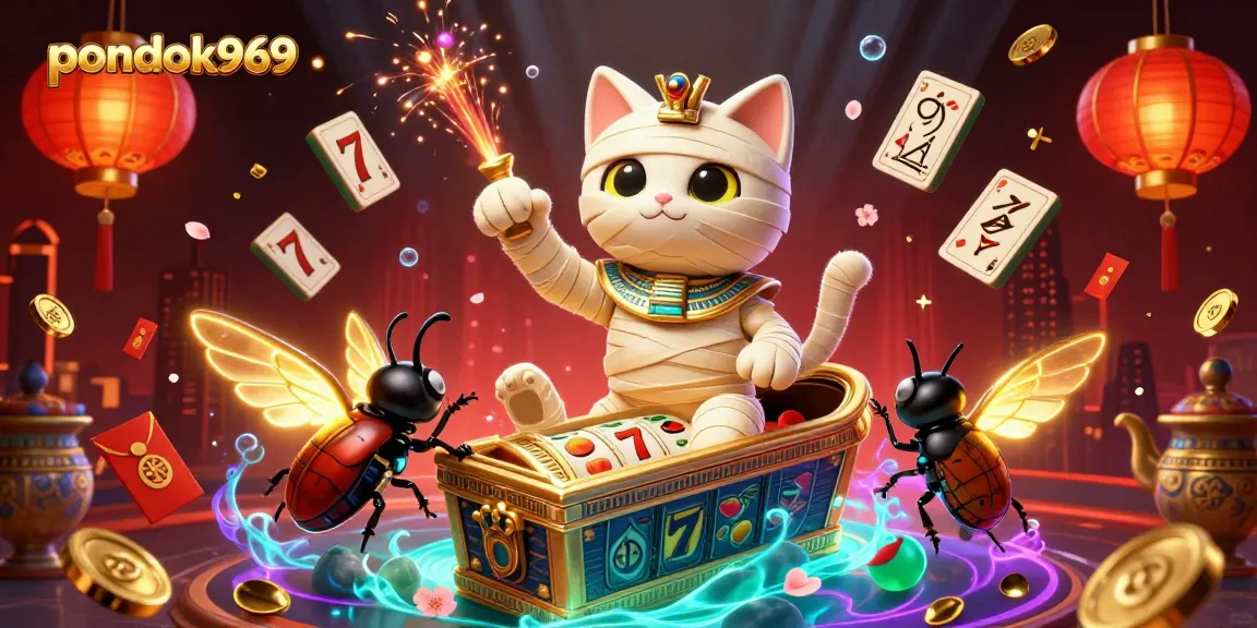 Pondok969 offers an exciting slot gaming experience with vibrant visuals of a mummy cat and lucky symbols.