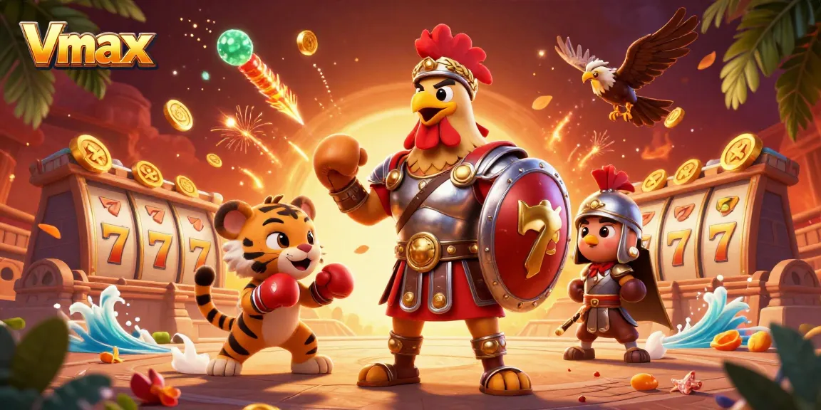 Win big with Vmax as a cartoon gladiator rooster stands ready for action in a vibrant casino.