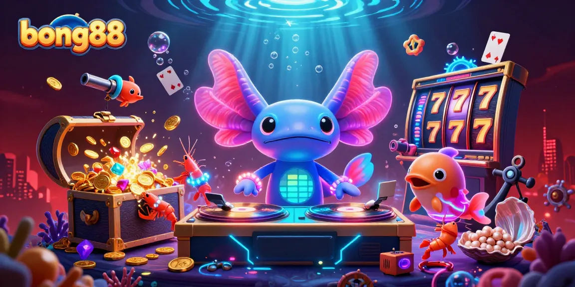 Engage with bong88 at a vibrant underwater casino featuring a neon axolotl DJ and treasure.