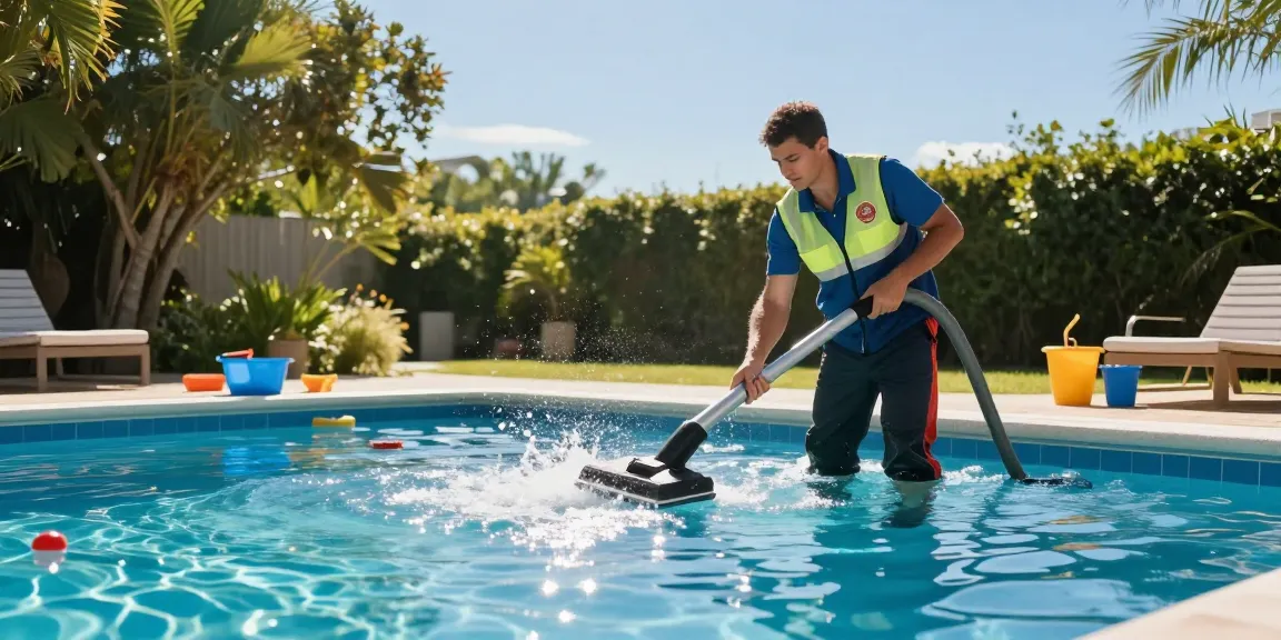 Professional pool cleaning service focusing on čišćenje bazena with vibrant blue water and cleaning tools